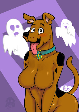 anthro anthrofied big_breasts black_spots blush breasts brown_body brown_fur collar collar_only crossgender featureless_breasts female fur happy looking_at_viewer mostly_nude mtf_crossgender nude open_mouth open_smile pink_tongue simple_background smile solo spots tail tongue tongue_out tolovefurry_(artist) hanna-barbera scooby-doo_(series) scooby-doo canid canine canis domestic_dog ghost great_dane mammal mastiff molosser spirit 2017 absurd_res hi_res watermark