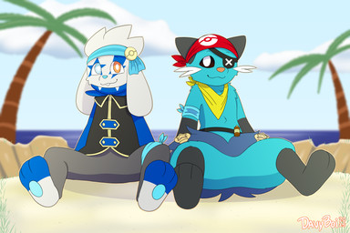 accessory bandage bandaged_arm bandaged_head bandaged_leg beach clothing duo eye_patch eyewear fur fur_clothing fur_markings headband headgear headwear kerchief looking_at_viewer male male/male markings neckwear pawpads paws pirate pirate_outfit pokeball pokeball_clothing scarf shell sitting smile davyboi nintendo pokemon rabbity_the_raboot spearmint_iv_the_dewott dewott generation_5_pokemon generation_8_pokemon pokemon_(species) raboot 3:2 absurd_res hi_res