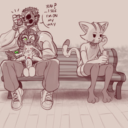 anthro bench blush casual_sex cellphone clothed clothing dialogue electronics eyewear female flat_chested genitals glasses group male nerd nipples nude open_mouth penis phone sex sitting smartphone spread_legs spreading tail text trio young young_anthro young_female ichduhernz poni_(ichduhernz) domestic_cat felid feline felis human mammal 1:1 english_text hi_res