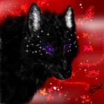 1:1 abstract_background ambiguous_gender anthropornorphic black_body black_fur canid canine canis feral fluffy fur leaf mammal purple_eyes shopped simple_background solo third-party_edit wolf