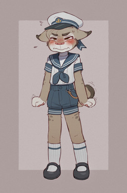 anthro blush bottomwear brown_eyes clothing embarrassed footwear knee_highs knee_socks legwear male sailor_uniform shorts simple_background socks solo standing uniform white_background skidoo minnow_(skidoo) felid feline lynx mammal absurd_res hi_res