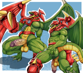 anthro anus backsack balls big_balls big_penis bodily_fluids butt claws crouching cybernetics duo erection foreskin genitals gesture glans green_body hand_gesture hand_on_butt hand_on_own_butt humanoid_genitalia humanoid_penis machine male manly membrane_(anatomy) membranous_wings muscular muscular_anthro muscular_male penis pointing pointing_at_penis presenting presenting_anus presenting_balls presenting_hindquarters presenting_penis retracted_foreskin saliva sharp_teeth spread_butt spreading sweat tail teeth toe_claws tongue tongue_out vein veiny_penis wings teastuff yu-gi-oh! cyber-tech_alligator alligator alligatorid crocodilian duel_monster reptile scalie absurd_res hi_res huge_filesize