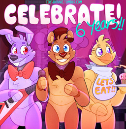 anniversary anthro beak bib blue_eyes buckteeth celebration cheek_tuft chest_tuft cupcake electric_guitar electronics facial_tuft feathers female food fur group guitar head_tuft machine male microphone musical_instrument plucked_string_instrument purple_body purple_eyes purple_fur red_eyes small_tail standing string_instrument tail teeth text tuft yellow_body yellow_feathers toy-bonnie five_nights_at_freddy's scottgames bonnie_(fnaf) chica_(fnaf) cupcake_(fnaf) freddy_(fnaf) animatronic avian bear bird chicken galliform lagomorph leporid mammal phasianid rabbit robot 2020 hi_res url