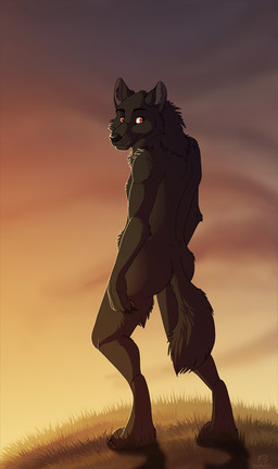 anthro black_body black_fur butt claws fur grass hill male nude paws plant red_eyes snout solo sunset mythology canid canine canis mammal mythological_canine mythological_creature werecanid werecanine werecreature werewolf wolf