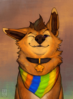 brown_body brown_fur collar feral front_view fur inner_ear_fluff looking_at_viewer one_eye_closed purple_eyes smile solo tuft anchee fluffy_bean_(character) canid canine mammal 2026 digital_drawing_(artwork) digital_media_(artwork) hi_res