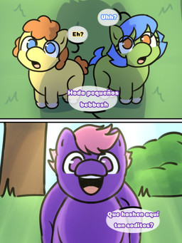 ambiguous_feral ambiguous_gender blue_eyes blue_hair blue_tail day dialogue feral green_body hair high-angle_view looking_at_another open_mouth orange_hair orange_tail outside pink_hair purple_body purple_eyes quadruped shadow tail text yellow_body young young_ambiguous young_feral giggle_fluffy's fluffy_pony equid equine fluffy_pony_(species) horse mammal pony 3:4 comic digital_media_(artwork) hi_res spanish_description spanish_text translated_description translation_request