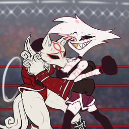 anthro arm_markings armwear asian_clothing black_sclera boots bottomwear boxing boxing_gloves chest_fur chest_markings clothing crop_top detached_sleeves duo east_asian_clothing facial_markings female fighting_ring footwear forehead_mark fundoshi fur gold_(metal) gold_tooth gutpunch handwear head_markings japanese_clothing kimono male markings multi_arm multi_limb obi pink_eyes pink_markings punch red_markings shirt shoes shorts sport topwear underwear white_body white_fur yellow_eyes hexecat capcom hazbin_hotel hellaverse okami_(capcom) amaterasu_(okami) angel_dust arachnid arthropod canid canine canis deity demon humanoid mammal wolf 1:1 2025 digital_media_(artwork) hi_res