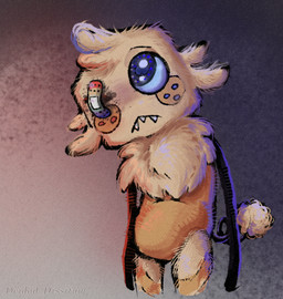 anthro bandage_on_eye cartoon_freckles cheek_tuft facial_tuft fangs fluffy freckled_face freckles fur ichor long_arms male neck_tuft sad solo tan_body tan_fur teeth tuft wounded deidad_dissitum blushcrunch_studio dandy's_world roblox goob_(dandy's_world) toon_(dandy's_world)