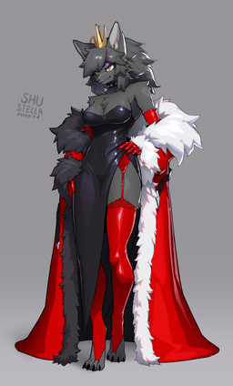anthro armwear big_breasts black_clothing black_collar black_dress black_latex breasts clothed clothed_anthro clothed_female clothing collar crown digitigrade dress elbow_gloves eyeshadow female fur garter_belt garter_straps gloves grey_body grey_fur grey_hair hair handwear headgear latex latex_armwear latex_clothing latex_dress latex_elbow_gloves latex_gloves latex_handwear latex_legwear latex_thigh_highs legwear lipstick makeup purple_eyeshadow red_armwear red_clothing red_elbow_gloves red_gloves red_handwear red_latex red_legwear red_lipstick red_thigh_highs solo spiked_collar spikes thigh_highs yellow_eyes shu_stella canid canine canis mammal wolf 2026 absurd_res hi_res