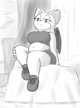 anthro athletic_wear belly big_breasts bottomwear bra breasts clothing female footwear gym_bottomwear gym_shorts hand_on_leg humanoid_hands navel on_rock outdoor_background outside overweight overweight_anthro overweight_female rock shoes shorts sitting sitting_on_rock smile sneakers solo sports_bra thick_thighs underwear wings silvia_nexus_(artist) sega sonic_the_hedgehog_(series) rouge_the_bat bat mammal digital_drawing_(artwork) digital_media_(artwork) english_description hi_res monochrome