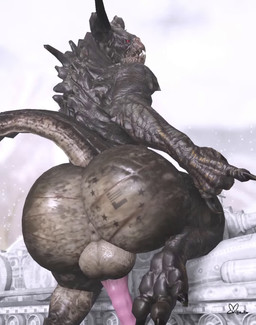 2_horns 3_toes anthro anus backsack balls big_butt black_claws butt claws erection feet genitals horn male on_one_leg open_mouth penis pink_penis red_eyes snow snowing solo standing tail toes willie_piv fallout microsoft deathclaw scalie 2025 3d_(artwork) 3d_animation animated digital_media_(artwork) english_description hi_res loop no_sound webm