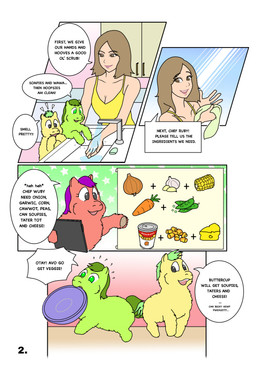 ambiguous_feral ambiguous_gender black_eyes bowl breasts brown_eyes brown_hair canned_food carrot cheese cleavage clothed clothing container corn dairy_products female female_human feral food food_bowl fruit fur garlic green_body green_eyes green_fur green_hair hair holding_object holding_towel hooves legume looking_at_another mouth_hold onion open_mouth pea_(food) pet_bowl pink_body pink_fur plant purple_hair running shelf sink smile soap standing talking_to_another tater_tots text topwear towel vegetable water yellow_body yellow_clothing yellow_fur yellow_topwear young young_ambiguous young_feral carpdime fluffy_pony avocado_(fluffy_pony) fluffy_pony_(species) human mammal comic digital_media_(artwork) english_text hi_res
