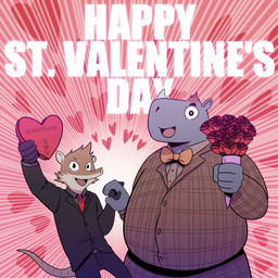 black_clothing black_suit bottomwear bouquet bow_tie box_of_chocolates brown_body brown_fur candy chocolate clothed clothing dessert duo facial_horn flower flower_bouquet food fur grey_body hair hand_holding happy heart_container heart_symbol holding_bouquet holding_flower holding_object holidays horn i_love_you male male/male necktie nose_horn overweight overweight_male pants pattern_clothing pattern_topwear plaid plaid_clothing plaid_topwear plant red_hair red_necktie red_rose shirt size_difference smile smiling_at_viewer suit tail text topwear t0l0k valentine's_day earl_(t0l0k) izzy_(t0l0k) mammal rhinoceros sengi 1:1 digital_media_(artwork) english_text hi_res