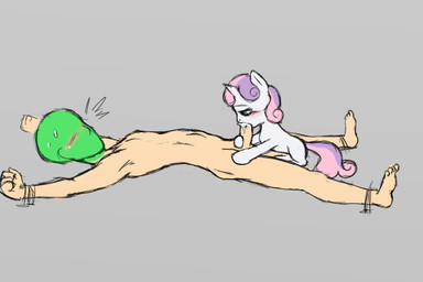 age_difference bdsm bestiality blush bodily_fluids bound cum dominant dominant_female dominant_young duo faceless_character faceless_male feet fellatio female female_on_human feral forced fur genital_fluids genitals green_eyes grey_background hair horn human_on_feral interspecies larger_sub lying male male/female male_on_feral multicolored_hair nude on_back oral penile penis plantigrade questionable_consent restrained reverse_forced_oral sex simple_background size_difference submissive sweat tail tied_down two_tone_hair white_body white_fur young young_feral younger_dom_older_sub unknown_artist friendship_is_magic hasbro my_little_pony mythology anon sweetie_belle_(mlp) equid equine human mammal mythological_creature mythological_equine unicorn 3:2