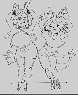 4_eyes big_breasts breasts clothed clothed_female clothed_humanoid clothing dress duo eyes_closed female female/female female_humanoid footwear front_view hair horn humanoid_pointy_ears multi_eye open_mouth open_smile pointed_tail pointy_ears shirt shoes simple_background size_difference smile tail topwear rekkadraws caramelldansen eris_(rekkadraws) goblin_girl_(rekkadraws) demon demon_humanoid goblin horned_humanoid humanoid tailed_humanoid digital_drawing_(artwork) digital_media_(artwork) meme monochrome sketch