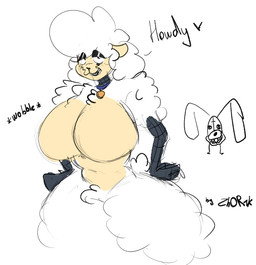 anthro big_breasts breasts featureless_breasts female fur greeting huge_breasts humor machine simple_background smile smiling_at_viewer solo sound_effects thick_thighs white_background wide_hips wool_(fur) zh0r1k the_walten_files sha_(twf) animatronic bovid caprine mammal robot sheep sketch