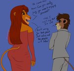 anthro anthrofied armwear clothing dialogue dress duo elbow_gloves femboy fur gloves hair handwear long_lashes male male_focus rear_view red_clothing red_dress red_eyes red_hair suit teeth text yellow_body yellow_fur lovemet123_(lovemet_room) disney the_lion_king kovu_(the_lion_king) simba_(the_lion_king) felid lion mammal pantherine english_text hi_res