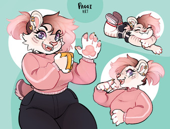 5_fingers anthro bottomwear clothed clothed_anthro clothed_female clothing container cup ear_piercing eyelashes fangs female female_anthro fingers front_view hair holding_container holding_cup holding_mug holding_object mug open_mouth open_smile pants pawpads piercing pink_clothing pink_hair pink_pawpads pink_sweater pink_topwear smile solo sweater teeth thick_thighs topwear paggi felid mammal 2022 digital_drawing_(artwork) digital_media_(artwork) portrait