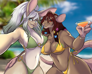 5_fingers anthro areola areola_slip beach big_areola big_breasts bikini bikini_bottom bikini_top biped black_eyes blue_eyes breast_squish breasts brown_body brown_fur claws clothed clothed_anthro clothed_female clothing cloud countershade_fur countershade_torso countershading day duo facial_piercing female finger_claws fingers front_view fur hair hand_on_butt holding_glass holding_object looking_at_viewer navel nipple_outline nose_piercing open_mouth open_smile outside piercing plant red_hair red_sclera sand sea sky smile squish standing swimwear teeth thick_thighs tongue tree two-piece_swimsuit water white_hair wide_hips mocha-wing golden_week lagomorph leporid mammal mouse murid murine rabbit rodent 2025 digital_drawing_(artwork) digital_media_(artwork) hi_res