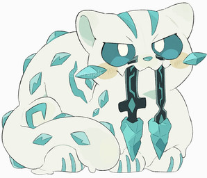 ambiguous_gender blue_markings blue_nose blue_sclera blush feral ice jagged_mouth markings melee_weapon melting paws simple_background snow solo sword tail weapon white_background white_ears white_eyes white_tail kiirono nintendo pokemon chien-pao generation_9_pokemon legendary_pokemon pokemon_(species)
