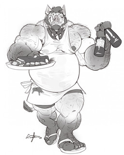 anthro apron arm_hair barazoku beard belly beverage biceps body_hair bottle bottomwear chest_tuft clothing container facial_hair flip_flops footwear gloves_(marking) hairy_legs holding_beverage holding_bottle holding_container holding_object holding_plate jewelry leg_markings male markings muscular muscular_anthro muscular_male necklace pecs ribs_(food) sandals shirt shoes shorts smile socks_(marking) solo tank_top topwear tuft tusks vein veiny_muscles nightterror broody mammal suid suine sus_(pig) wild_boar 2020 dated hi_res monochrome signature