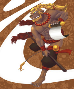 asian_clothing bulge clothed clothing east_asian_clothing fundoshi japanese_clothing male melee_weapon muscular muscular_male polearm scroll solo staff underwear warrior weapon cancat hupi1008 canid canine canis domestic_dog mammal 5:6