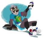 ageplay anthro baby_bottle black_body black_fur blue_background blush brown_body brown_fur claws clean_diaper clothed clothing dialogue diaper ear_piercing ear_ring embarrassed finger_claws footwear fur green_eyes infantilism male open_mouth pacifier pacifier_clip piercing ring_piercing roleplay shirt shoes simple_background sitting socks solo speech_bubble tan_body tan_fur text topwear wearing_diaper white_background babystar badger mammal mustelid musteline english_text