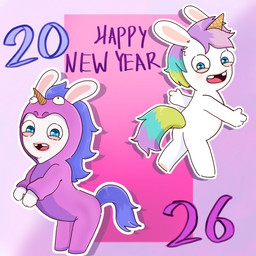 3_fingers anthro blue_eyes blue_hair blue_pupils blue_tail blush buckteeth clothed clothed_anthro clothed_male clothing dipstick_tail duo featureless_legs fingers fur gradient_background green_hair green_tail hair happy holiday_message holidays horn leaning leaning_forward lidded_eyes light long_ears looking_at_viewer male markings mitten_hands multicolored_body multicolored_hair multicolored_tail no_eyebrows nude_anthro nude_male open_mouth open_smile outline pawpads pink_hair pose pupils purple_clothing purple_costume purple_tail_tip rectangle red_tongue short_hair simple_background smile smiling_at_viewer standing tail tail_markings tan_body tan_eyelids tan_inner_ear tan_pawpads tan_skin teeth text tongue two_tone_body unicorn_costume white_body white_fur white_outline year peypey_mei1925 chinese_zodiac mythology new_year new_year_2026 raving_rabbids rayman_(series) ubisoft year_of_the_horse equid equine hybrid lagomorph mammal mythological_creature mythological_equine rabbid unicorn 1:1 2026 colored digital_drawing_(artwork) digital_media_(artwork) english_text lighting shaded