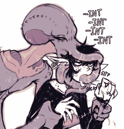 ambiguous_gender asphyxiation black_clothing black_hair black_shirt black_topwear choking clothing dominant dominant_male duo femboy gameplay_mechanics hair intelligence_loss male male/male oral oral_only oral_penetration penetration pointy_ears purple_body purple_skin restrained shirt tentacles topwear white_body white_skin dondon don_(dondon) demon demon_humanoid humanoid mind_flayer