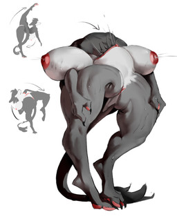 anthro big_breasts bodily_fluids breasts contortionism extreme_contortion feet female flexible fur genitals grey_body grey_fur head_in_pussy lactating masturbation milk nipples oral oral_masturbation paws solo splits spread_legs spreading tail thick_thighs vaginal vaginal_masturbation what wide_hips gyy canid canine mammal 4:5