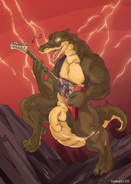 anthro balls biped bodily_fluids claws cum electric_guitar fangs genital_fluids genitals grin guitar half-erect looking_at_viewer male messy muscular muscular_anthro muscular_male music musical_instrument nude penis playing_guitar playing_music plucked_string_instrument rock_out_with_your_cock_out rocking_out smile solo spread_legs spreading standing string_instrument tail teeth tongue yellow_balls yellow_eyes yellow_penis twinkle-sez alligator alligatorid crocodilian reptile scalie 2008 digital_media_(artwork)