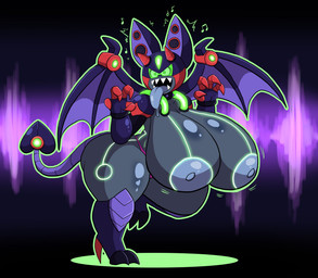 anthro bat_ears bat_wings big_breasts black_body breasts claws clothing dancing electronics female footwear headphones high_heels huge_breasts hyper hyper_breasts machine membrane_(anatomy) membranous_wings musical_symbol nude nude_anthro sharp_teeth shoes spade_tail spiked_wings symbol tail teeth tongue tongue_out visor wings grepstrash humanoid robot robot_humanoid absurd_res colored hi_res tagme
