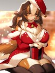3:4 anthro big_breasts blush breasts brown_body brown_eyes brown_fur button_ears canid canine canis christmas christmas_clothing christmas_headwear cleavage clothed clothing cute_fangs domestic_dog eyebrow_through_hair eyebrows female floppy_ears fur gift_box hair hat headgear headwear hi_res holidays kemono kishibe legwear looking_at_viewer mammal multicolored_body multicolored_fur neck_tuft santa_hat sitting solo tail tail_motion tailwag thigh_highs translucent translucent_hair tuft wariza white_body white_fur