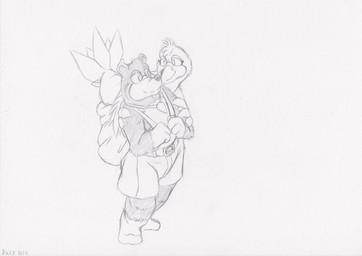 anthro backpack beak belt bottomwear clothing duo eyelashes feathers female male male/female pants kitsune_youkai banjo-kazooie rareware banjo_(banjo-kazooie) kazooie avian bear breegull mammal 2016 absurd_res hi_res monochrome sketch