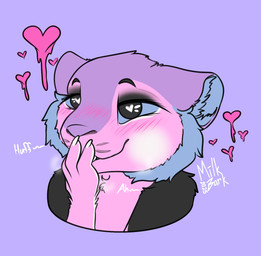 ambiguous_gender black_body black_fur blue_body blue_fur blush breath cheek_tuft covering covering_mouth covering_own_mouth covering_self eyelashes facial_tuft feral fingers fur heart_shaped_pupils heart_symbol in_heat looking_pleasured panting pink_body pink_fur purple_body purple_fur simple_background smile solo text tuft white_body white_fur m1lkb4rk mammal rodent sciurid tree_squirrel 2025 digital_media_(artwork) hi_res