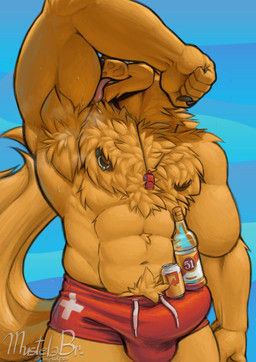 alcohol anthro armpit_hair beer beverage bodily_fluids body_hair bulge fluffy fluffy_chest licking lifeguard male nipple_piercing nipples piercing solo sweat tongue whistle_(object) yellow_body 51 mustelabr hermy_(hermeros_rancoro) bird_dog canid canine canis domestic_dog golden_retriever hunting_dog mammal retriever armpits absurd_res hi_res
