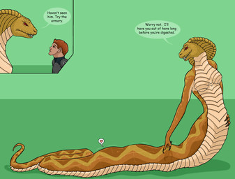 apode breasts brown_body brown_eyes brown_scales dialogue duo female female_pred fully_inside green_background heart_symbol legless male male_human non-mammal_breasts red_eyes scales serpentine simple_background snake_hood speech_bubble striped_body striped_scales stripes text vore willing_prey strega draconcopode human mammal naga reptile scalie snake viper absurd_res english_text hi_res
