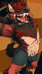 anthro bulge chest_tuft clothed clothing collar ear_tuft eyes_closed fangs fluffy fur hair inner_ear_fluff male nude open_mouth pantsless pantsless_anthro pantsless_male paws raised_arm red_body red_fur red_hair shirtless solo spiked_collar spikes stretching stripes tail teeth tongue tongue_out topless topless_anthro topless_male tuft underwear yawn yawning_position mrjimmydafloof jimmy_(mrjimmydafloof) hyena mammal striped_hyena hi_res