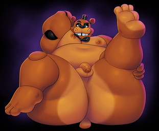 3_toes anthro anus balls barely_visible_anus belly big_butt black_bow_tie black_clothing black_eyebrows black_hat black_headwear blue_eyes bow_tie brown_body brown_fur butt clothing eyebrows feet flaccid foreskin fur genitals half-closed_eyes hand_behind_head hat headgear headwear humanoid_genitalia humanoid_penis machine male narrowed_eyes navel nipples one_leg_up overweight overweight_anthro overweight_male partially_retracted_foreskin penis raised_leg small_tail smile soles solo tail thick_thighs toes top_hat whisker_spots koenics five_nights_at_freddy's scottgames freddy_(fnaf) animatronic bear mammal robot 2026 absurd_res digital_drawing_(artwork) digital_media_(artwork) english_description hi_res