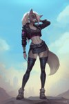 anthro blue_eyes breasts clothing crop_top cropped_jacket eyebrows eyelashes female footwear fur grey_body grey_fur hair legwear long_hair midriff navel outside shirt shoes solo standing thong_straps topwear white_hair ullr_(artist) sind_(ashenholen) canid canine canis mammal wolf 2023 2:3 hi_res