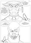 angry anthro cast clothing ear_piercing ear_tag eyebrow_slit eyebrows eyelashes female fight fingers gesture gloves hand_gesture handwear looking_at_another looking_at_viewer male male/female mask necktie open_mouth piercing pointing pointing_at_viewer profanity speech_bubble suit surgical_scar text wounded starfish_nebula marcos_(starfish_nebula) onna_(starfish_nebula) bovid caprine human mammal sheep absurd_res comic hi_res spanish_text