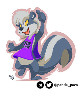 anthro bottomless clothed clothing featureless_crotch female female_anthro front_view fur gesture glistening glistening_eyes grey_body grey_fur grey_hair hair hand_gesture open_mouth open_smile purple_clothing purple_topwear red_tongue short_hair simple_background smile solo thumbs_up tongue topwear white_background yellow_eyes pandapaco mammal mephitid skunk