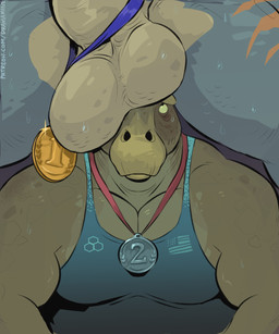 anthro balls balls_on_face big_balls blue_body bodily_fluids drama_queen duo genitals gold_medal humiliation male male/male medal musclegut muscular orange_stripes silver_medal size_difference stripes sweat sweaty_balls sweaty_genitalia dramamine diesel_(ralarare) dinosaur prehistoric_species reptile saurischian scalie theropod tyrannosaurid tyrannosauroid tyrannosaurus tyrannosaurus_rex 5:6 hi_res