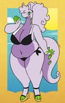 anthro big_breasts bikini black_bikini black_clothing black_swimwear breasts cleavage clothed clothing countershading curvy_figure female footwear green_eyes hair navel non-mammal_breasts overweight ponytail pseudo_hair purple_body purple_countershading sandals shoes side-tie_bikini smile solo string_bikini swimwear two-piece_swimsuit nerdyreindeer mythology nintendo pokemon dragon gastropod generation_6_pokemon goodra mollusk mythological_creature mythological_scalie pokemon_(species) scalie hi_res