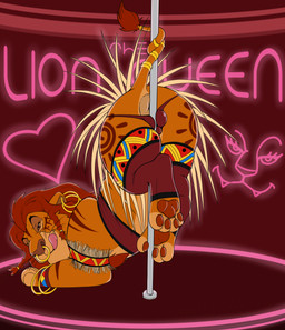 anus ass_up bulge clothed clothing crossdressing femboy feral legwear licking licking_lips looking_at_viewer male pawpads pole smile solo stripper_pole thigh_highs tongue tongue_out theoryofstrings disney the_lion_king mufasa felid lion mammal pantherine absurd_res hi_res