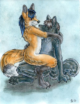 4_toes anthro black_hair black_nose blue_hair brown_hair claws crossed_legs dipstick_ears dipstick_tail duo ear_markings eye_contact feet female fur gloves_(marking) grey_body grey_fur hair leg_markings looking_at_another male male/female markings multicolored_ears multicolored_hair multicolored_tail nude orange_body orange_fur pink_eyes short_hair shoulder_grab side_view simple_background sitting smile socks_(marking) straddling tail tail_markings toes white_body white_fur white_tail_tip ruaidri canid canine canis fox mammal wolf