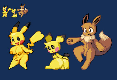 :d :o anthro anthrofied areola backsack balls big_breasts breasts brown_body brown_fur butt cleft_tail erect_nipples erection flaccid fluffy fluffy_tail fur genitals group gynomorph intersex knock-kneed neck_tuft nipples open_mouth penis rear_view shortstack shortstack_gynomorph shortstack_intersex simple_background small_tail small_waist smile spread_arms sprite sprite_art tail thick_thighs transparent_background trio tuft wide_hips yellow_body yellow_fur pester nintendo pokemon eevee generation_1_pokemon generation_2_pokemon mammal pichu pikachu pokemon_(species) rodent 2021 alpha_channel digital_media_(artwork) pixel_(artwork)