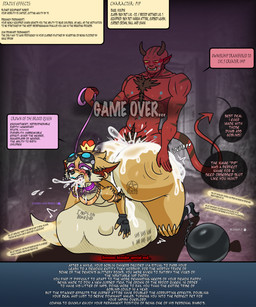 anthro bad_end ball_and_chain blue_lipstick blush bodily_fluids body_hair body_writing boots breeder butt_slap class_change clothing collar crown cum cum_dripping_from_mouth cum_from_mouth cum_in_ass cum_in_mouth cum_inside cum_on_back cursed_clothing debuffs dungeon duo ear_piercing ear_ring eyeshadow eyewear eyewear_on_head fingerless_gloves footwear game_over game_over_screen game_ui gameplay_mechanics genital_fluids gloves goggles goggles_on_head handwear harem_outfit headgear horn kiss_mark leash leashed_collar level_up lipstick makeup male male/male mascara negative_status_effect occult_symbol ownership ownership_tattoo pentagram pentagram_tattoo piercing pregnant pregnant_male ring_piercing running_makeup running_mascara shoes shortstack shortstack_male slap smile smirk spanking speech_bubble symbol tattoo teasing text weights monana-yo1 hi-rez_studios paladins_(game) pip_(paladins) demon humanoid imp vulpin 5:6 absurd_res english_text hi_res