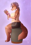 ambiguous_gender anthro arm_tuft baby big_breasts breasts brown_body brown_fur brown_tail cheek_tuft closed_smile clothed clothing duo elbow_tuft eye_contact facial_tuft fur hair holding_another huge_breasts leg_tuft logo looking_at_another mouth_closed neck_tuft pregnant purple_hair red_eyes short_hair side_view sitting smile tail tan_body tan_fur tuft young young_ambiguous young_anthro milk-jug canid hybrid mammal artist_logo hi_res mother_(lore) mother_and_child_(lore) parent_(lore) parent_and_child_(lore)