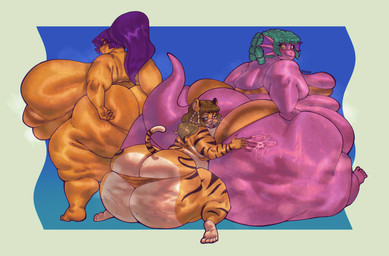 anthro belly big_belly big_breasts big_butt bikini bodily_fluids breasts butt cellulite clothed clothing feet female gold_bikini group hair huge_belly huge_breasts huge_butt hyper hyper_breasts hyper_butt lotion obese orange_body overweight overweight_female partially_clothed ponytail purple_body suntan_lotion sweat sweaty_breasts sweaty_butt swimwear trio two-piece_swimsuit eldiipiid mythology amphibian dragon felid frog mammal mythological_creature mythological_scalie pantherine scalie tiger absurd_res hi_res